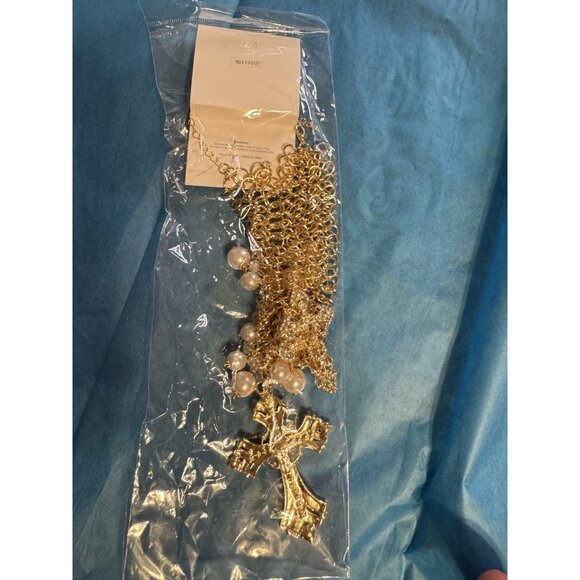 Women's Statement Necklace Cross Rhinestones Faux Pearls Goldtone NEW - Picture 7 of 8